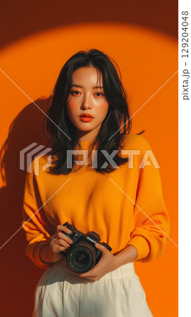 Young woman holding a camera in trendy outfit poses against a vibrant orange background during daylight 129204048