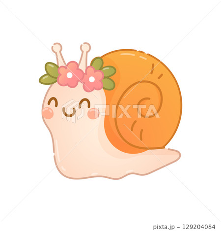 Cute snail with flower crown smiling softly 129204084
