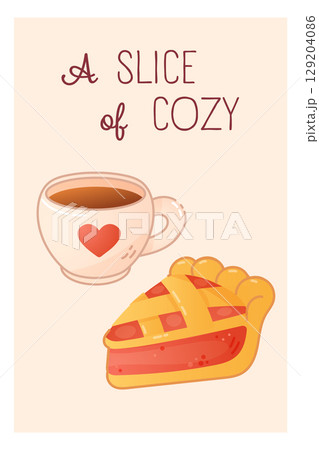 Cute fall postcard with pie and hot tea 129204086