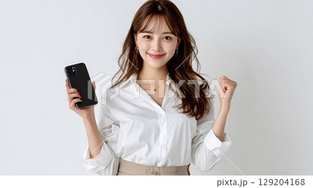 スマホを手に笑顔でガッツポーズする女性 129204168