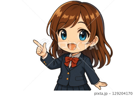 明るく案内する制服姿のチビキャラ女の子 129204170