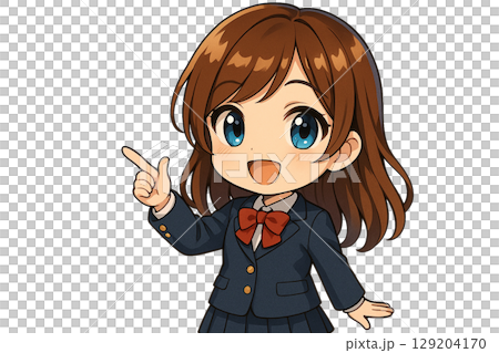 明るく案内する制服姿のチビキャラ女の子 129204170