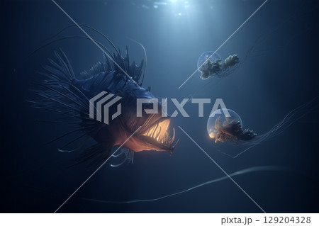 Deep-sea anglerfish and jellyfish glowing with bioluminescence in the vast world ocean Deep-sea anglerfish and jellyfish glowing with bioluminescence in the vast world ocean 129204328