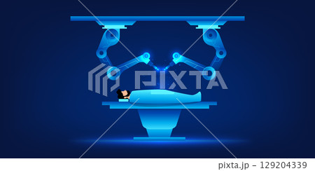 An advanced robotic surgical system assisting doctors in a high-tech operating room.  precision medicine, and modern medical innovation for faster recovery and improved patient outcomes 129204339