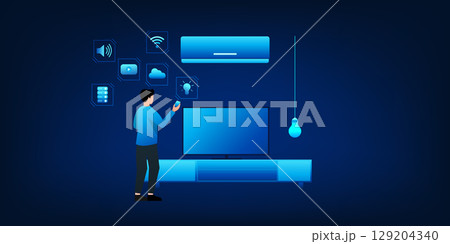 Smart home technology with IoT system. A man uses his smartphone to control home appliances such as lighting, air conditioning, and entertainment devices for a connected and intelligent living 129204340