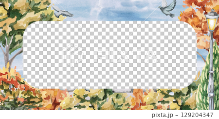 Rectangular frame with city autumn park and pigeons. Isolated watercolor illustration for design of seasonal menus, announcements, excursion posters, printing on postcards. Rectangular frame with city autumn park and pigeons. Isolated watercolor illustration for design of seasonal menus, announcements, excursion posters, printing on postcards. 129204347
