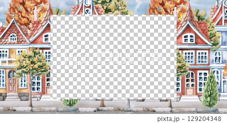 Rectangular frame with a city street in autumn. Isolated watercolor illustration for the design of seasonal menus, announcements, excursion posters, printing on postcards. 129204348