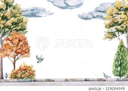 Rectangular frame with city park and lanterns. Isolated watercolor illustration for design of seasonal menus, announcements, excursion posters, printing on postcards. 129204349