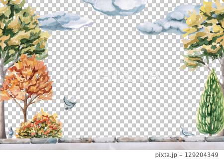 Rectangular frame with city park and lanterns. Isolated watercolor illustration for design of seasonal menus, announcements, excursion posters, printing on postcards. Rectangular frame with city park and lanterns. Isolated watercolor illustration for design of seasonal menus, announcements, excursion posters, printing on postcards. 129204349