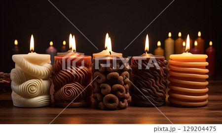 Curly candles in serene ambiance for yoga practice and relaxation 129204475