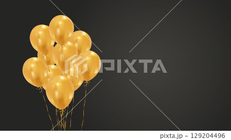 Bunch of golden balloons on the black background. Shiny balloons bunch Celebration, anniversary, festive banner. 129204496