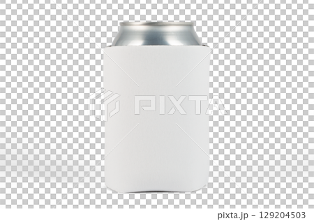 Front view of white neoprene canholder isolated. Can cooler sleeve on isolated background. Neoprene can cooler mockup. 129204503