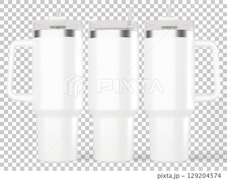 Three 40oz Tumblers. Three travel mugs with handle. Travel cup for drinking. Thermos mug. Classic Insulated tumbler with straw and flip lid. Stainless Steel travel mug. 3d rendering 129204574