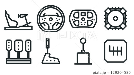 Sim racing setup icon set. Racing simulator gear - cockpit, steering wheel, steering wheel base, pedal set, handbrake, gear shifter. 48x48 px 129204580