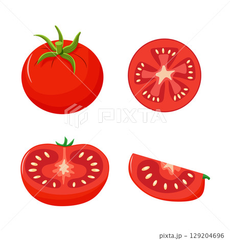 colorful set of tomatoes. Whole tomatoes, halves, slices, hand drawn. 129204696