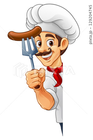 Chef Hotdog Sausage Cook Menu Sign Cartoon Mascot 129204745
