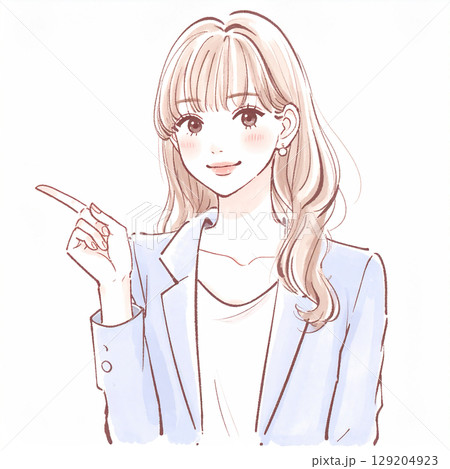 指をさして説明する女性のシンプルなイラスト素材 指をさして説明する女性のシンプルなイラスト素材 129204923