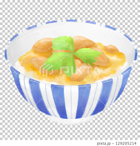 Illustration of fluffy and creamy oyakodon topped with mitsuba 129205214