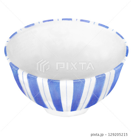 青いストライプ柄のどんぶりのイラスト 129205215