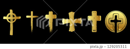 Golden Spray paint graffiti element set of Christian cross with grungy texture. Grunge golden ink graphic symbols of church isolated on black background for printing on t shirt 129205311