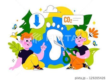 Carbon Footprint Reduction Illustration featuring Environmental Pollution Effect Analysis with CO2, Impact on Nature, Climate, and Global Eco Balance 129205426
