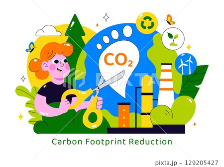 Carbon Footprint Reduction Illustration featuring Environmental Pollution Effect Analysis with CO2, Impact on Nature, Climate, and Global Eco Balance 129205427