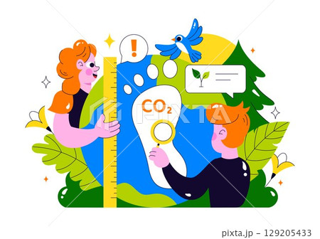 Carbon Footprint Reduction Illustration featuring Environmental Pollution Effect Analysis with CO2, Impact on Nature, Climate, and Global Eco Balance Carbon Footprint Reduction Illustration featuring Environmental Pollution Effect Analysis with CO2, Impact on Nature, Climate, and Global Eco Balance 129205433