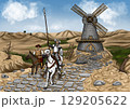 Illustration "The Brave Hidalgo Fights a Giant". Famous literary characters. Spain in sketches, a windmill, a knight and his companion. 129205622