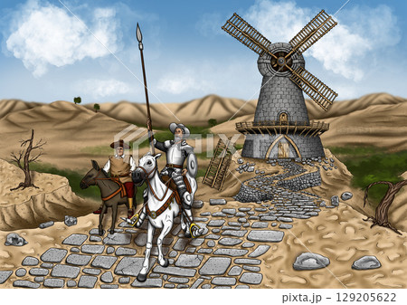 Illustration "The Brave Hidalgo Fights a Giant". Famous literary characters. Spain in sketches, a windmill, a knight and his companion. Illustration "The Brave Hidalgo Fights a Giant". Famous literary characters. Spain in sketches, a windmill, a knight and his companion. 129205622