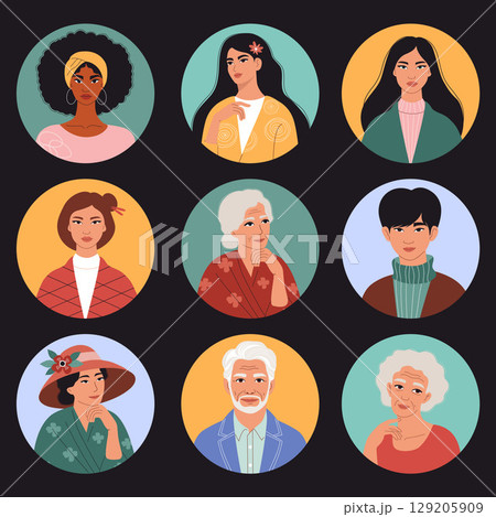 Beautiful Cute Diverse Women and Men. Female And Male Portrait set. Isolated round avatar with ethnic people of different ages and racial affiliation. Vector illustration. Stylish Character for Design 129205909