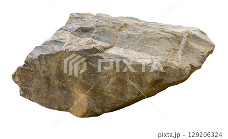 Rough-textured stone displayed against a white background illustrates geological features. Ideal for educational purposes, natural history exploration, and mineral studies. Front view, cut out rock. 129206324