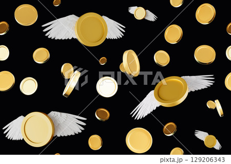 A pattern shows golden coins with wings scattered against a black background. The coins appear to float or soar freely, creating a whimsical and dynamic design 129206343