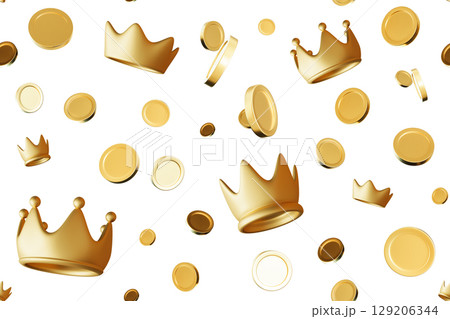 This seamless pattern showcases intricately designed golden crowns and shiny coins scattered against a clean white backdrop, perfect for festive themes and celebrations This seamless pattern showcases intricately designed golden crowns and shiny coins scattered against a clean white backdrop, perfect for festive themes and celebrations 129206344