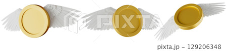 Golden coins set with delicate wings, symbolizing prosperity and adventure. Sense of wonder and possibility. Money, isolated on white background. Cut out elements. 3D render. Golden coins set with delicate wings, symbolizing prosperity and adventure. Sense of wonder and possibility. Money, isolated on white background. Cut out elements. 3D render. 129206348