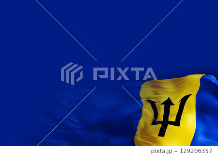 A dynamic background showcases the vibrant national flag of Barbados, flowing gently against a bright blue backdrop. Perfect for adding personalized text or graphics 129206357