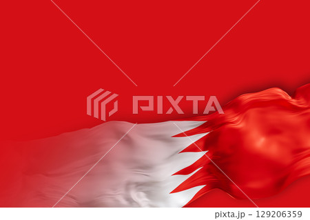 The national flag of Bahrain proudly displays its red and white colors, fluttering elegantly against a solid background. This vibrant setting offers ample space for text or imagery 129206359