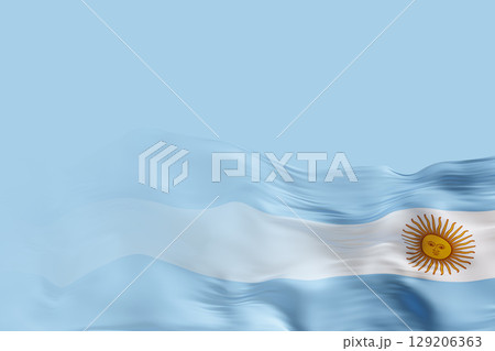 A beautifully rendered Argentina flag undulates against a soft blue backdrop, offering ample space for custom text or messages, perfect for events or promotions related to Argentina 129206363