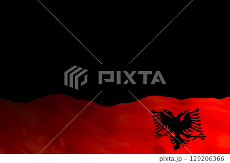 A striking background showcases the national flag of Albania, featuring its iconic black double-headed eagle design. The bright red backdrop creates an engaging space for text or messages 129206366