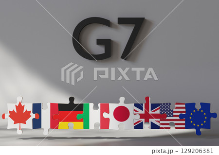 Flags of G7 nations are arranged as puzzle pieces, symbolizing unity and collaboration. The display emphasizes global partnerships and diplomatic relationships among major economies. 3D. Flags of G7 nations are arranged as puzzle pieces, symbolizing unity and collaboration. The display emphasizes global partnerships and diplomatic relationships among major economies. 3D. 129206381