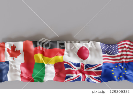 Flags of G7 countries including Canada, Germany, Japan, UK, US, and EU are displayed together, symbolizing global cooperation and leadership in economic and political matters. Copy space for text. 129206382