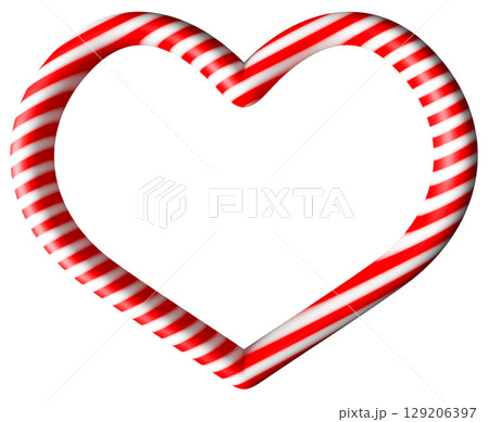 Heart-shaped frame, candy cane style, isolated on white background, perfect for holiday-themed advertisings and designs. Celebrate the joy of Christmas. 3D render. 129206397