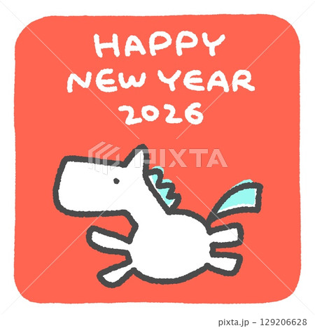 シンプルでかわいい走る白い馬の年賀状　2026年　正方形・SNS・LINE用・Instagram用 129206628