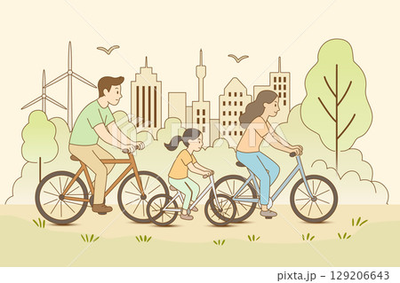 Family Cycling in Eco-Friendly City 129206643