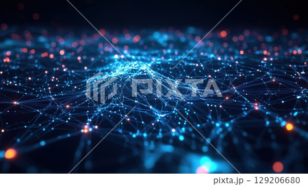 Futuristic Digital Network with Glowing Blue and Red Nodes in Holographic Cyber Theme 129206680