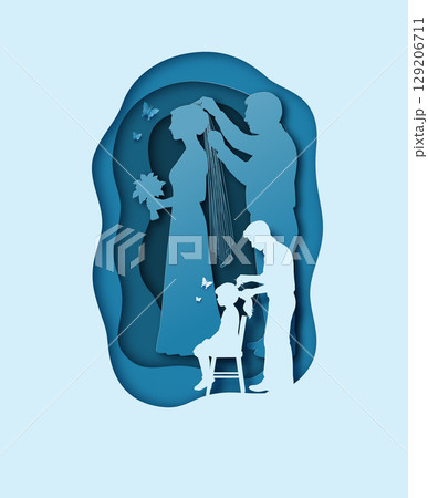 Paper cut silhouette of a father grooming daughter with wedding reflection 129206711
