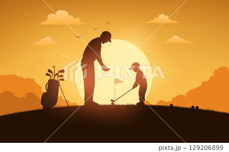 Golf Training at Sunset - Father and Son Silhouette Golf Training at Sunset - Father and Son Silhouette 129206899