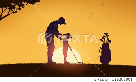Father Teaching Son Golf at Sunset Silhouette 129206901