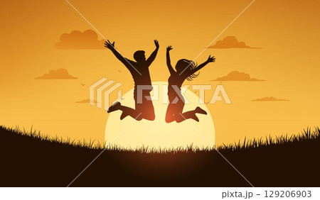 Happy Couple Jumping Silhouette at Sunset in Nature Happy Couple Jumping Silhouette at Sunset in Nature 129206903