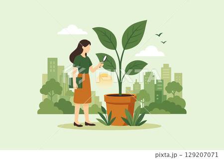 Woman Checking Plant Growth in Urban Garden - Eco-Friendly Vector Illustration 129207071