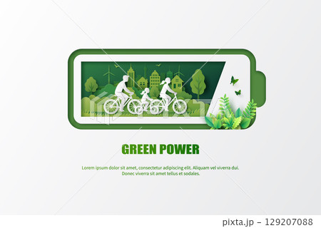 Green energy battery with eco-friendly cycling family in paper cut style 129207088